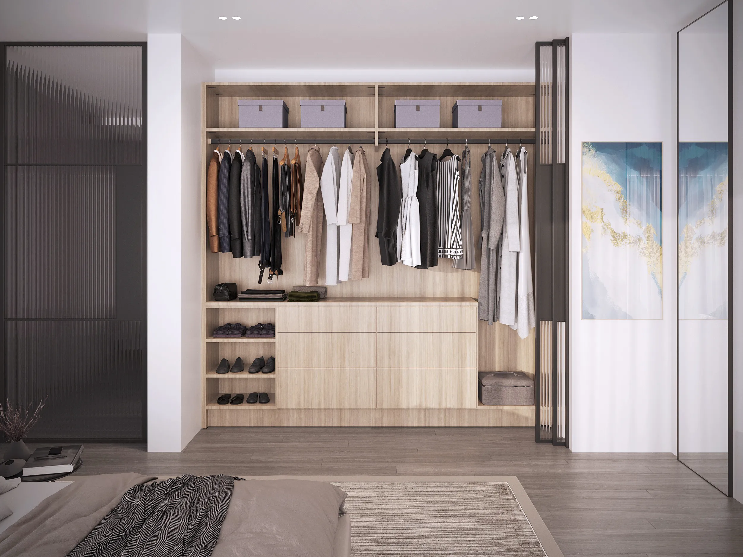 Built-in light wood-grain closet with hanging space, drawers and shoe shelves in a modern bedroom