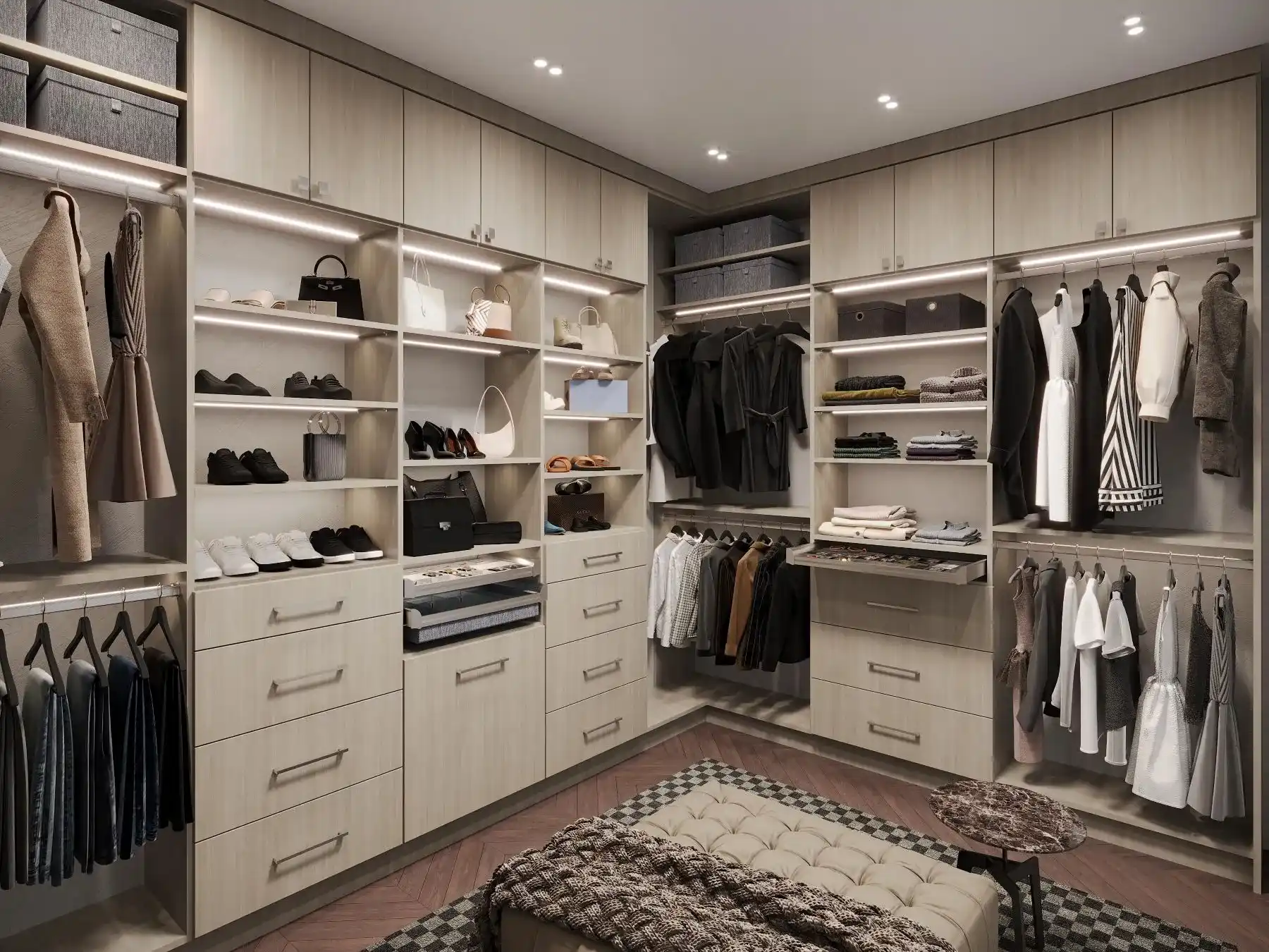 Walk-in closet layout combining long and short hanging, shoe shelves and drawers to make the most of the space