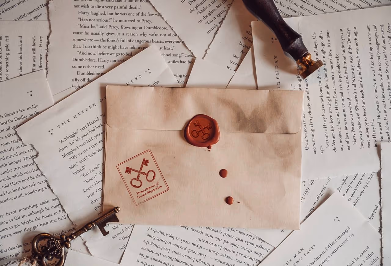 A wax-sealed envelope with a Department of Home Mysteries stamp, surrounded by old letters and a vintage skeleton key.