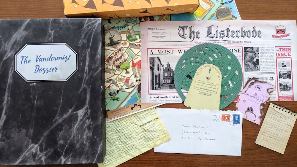 A collection of vintage documents, including The Vandermist Dossier, a newspaper, map, driver's license, and letters.