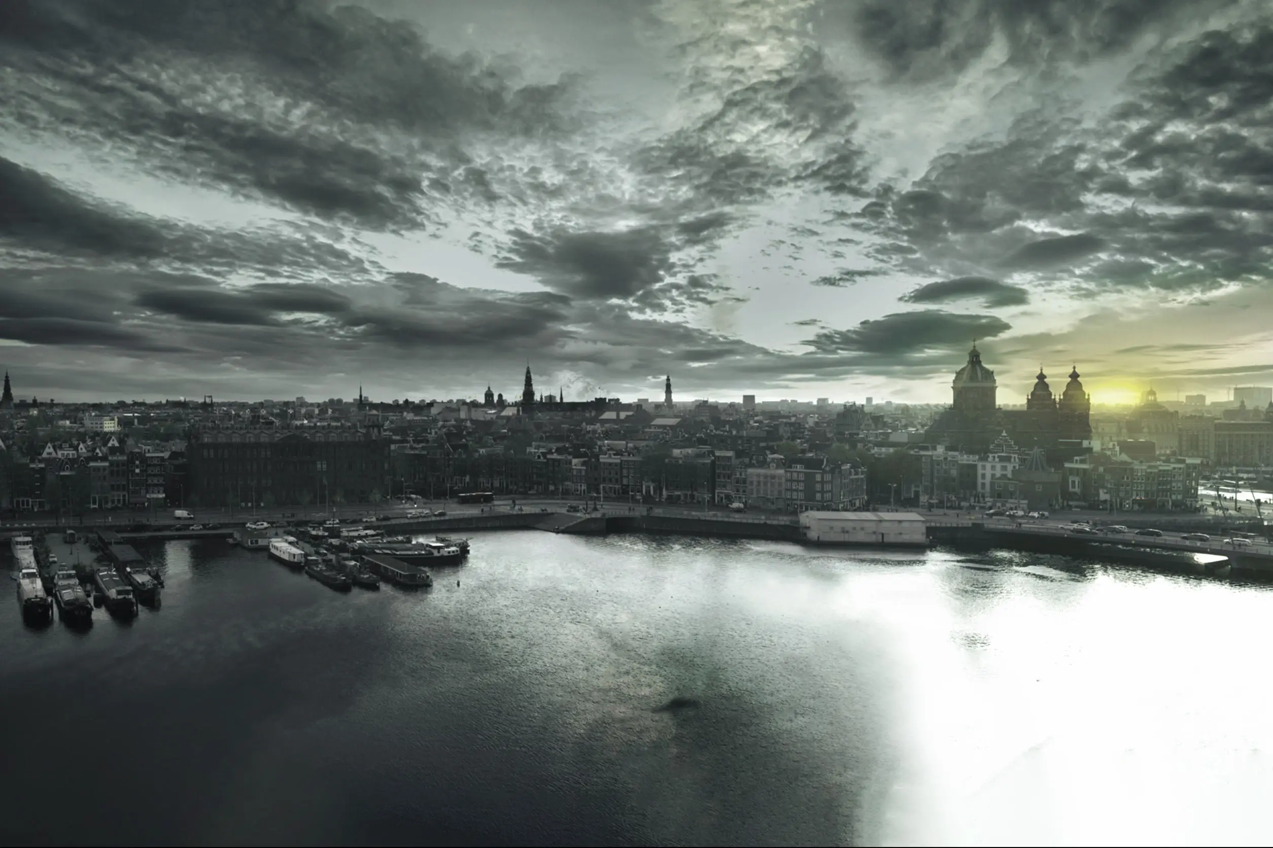 Skyline of Amsterdam with dramatic clouds