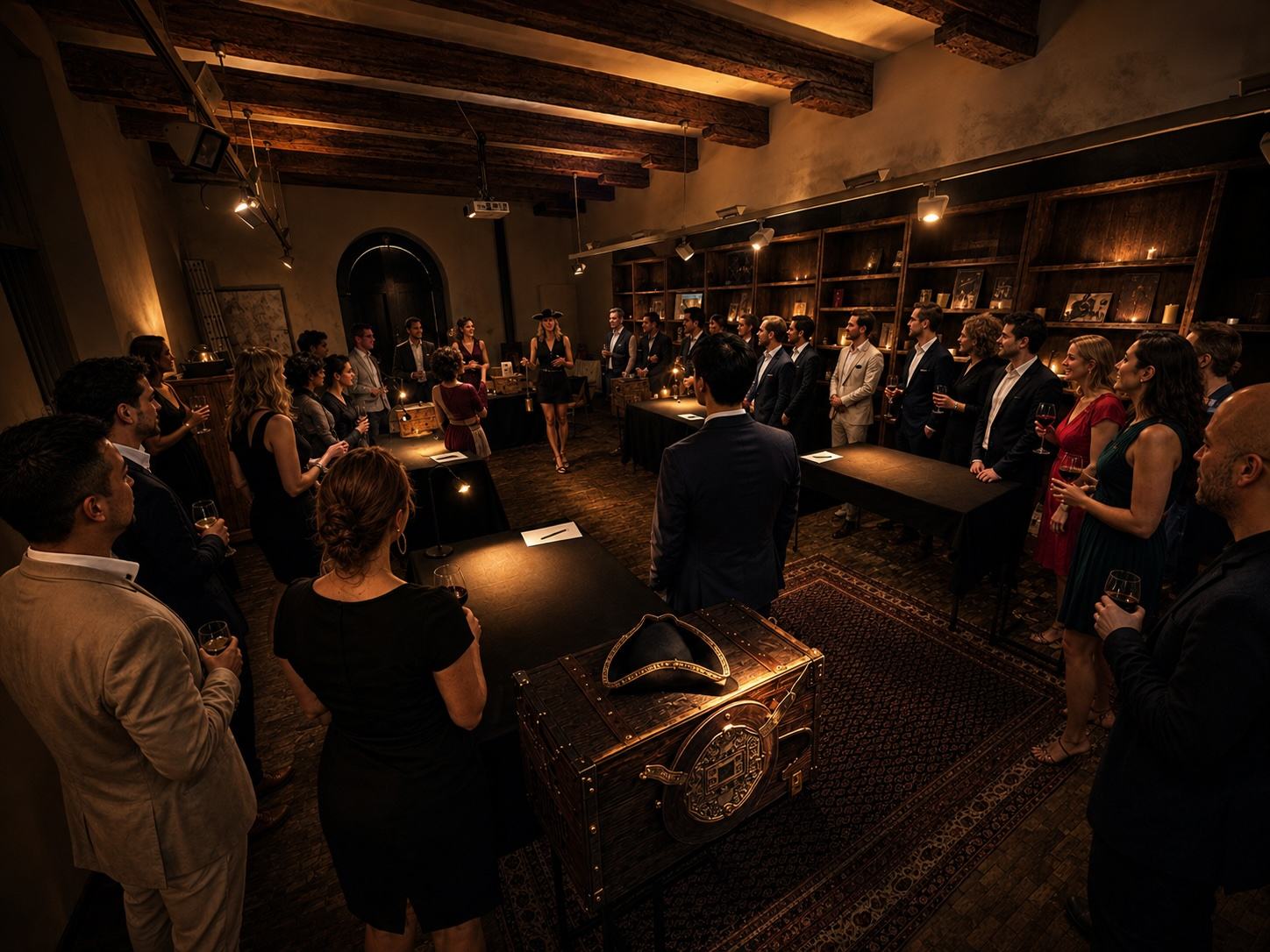 A company group gathered by candlelight around a maritime trunk