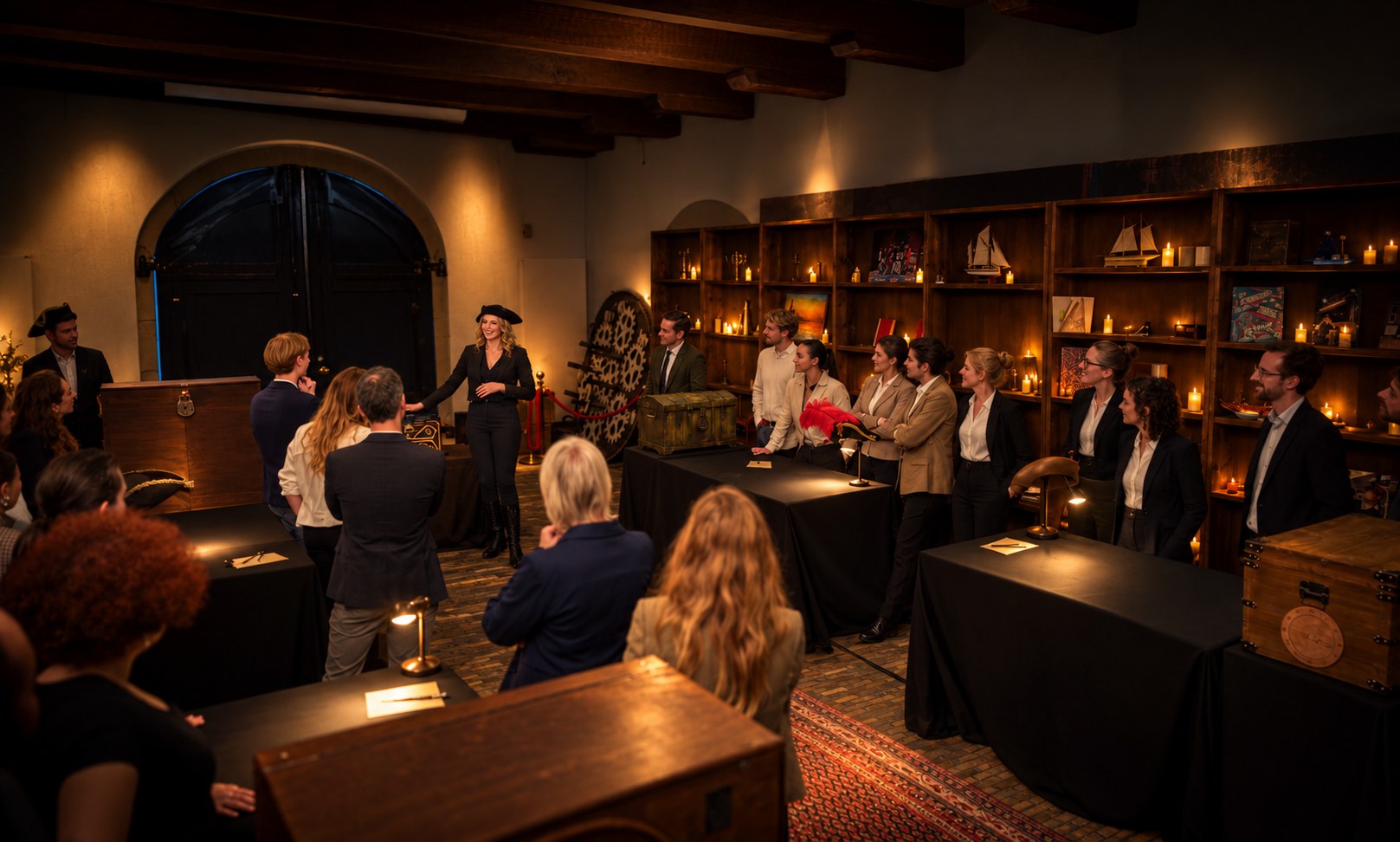 A game master welcoming a company group standing around four candlelit tables of sea trunks