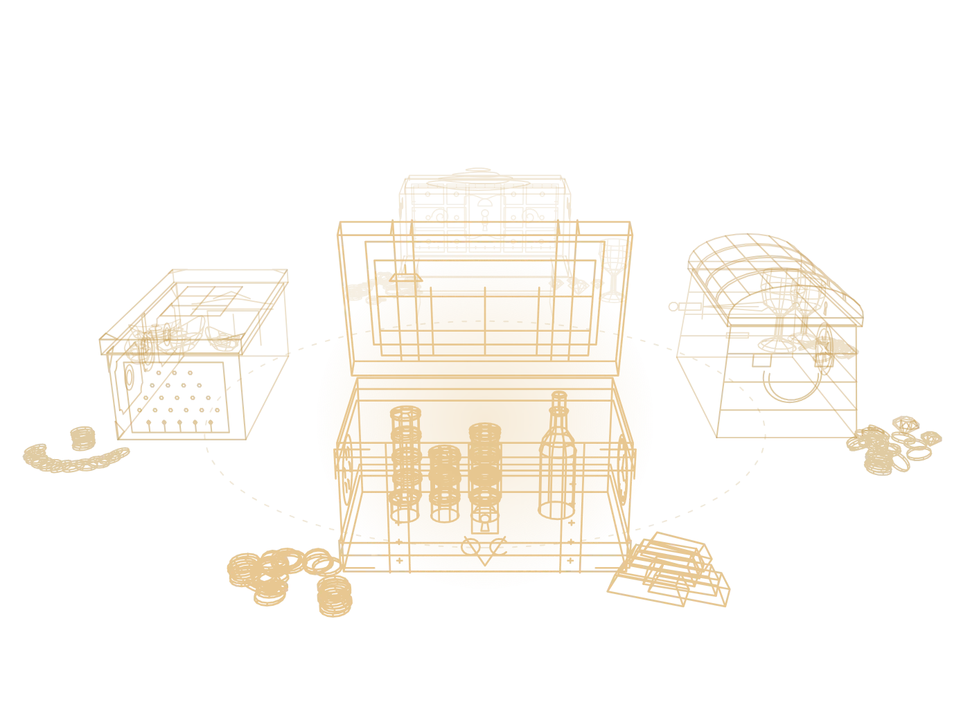 Four brass wireframe puzzle chests, Dutch, English, Spanish and Chinese, arranged in a circle with the Dutch chest open