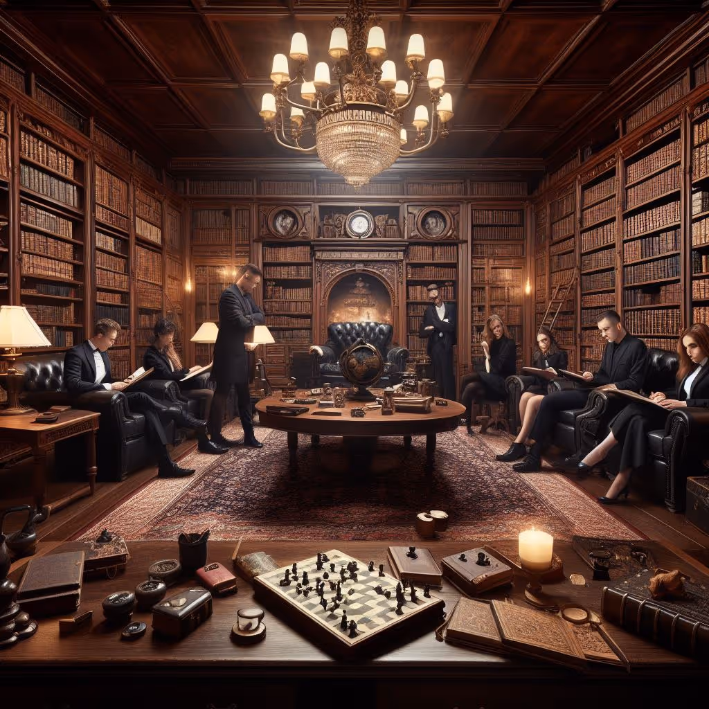 A group of people dressed in fancy black and white attired, some standing some sitting. They are in a library and most are holding books or crossing their arms. On the forefront of the image, there is a table on which sits knick knacks with a chestboard as the centerpiece. Another table sits in the center of the room with a globe standing on it as well as more knick knacks.