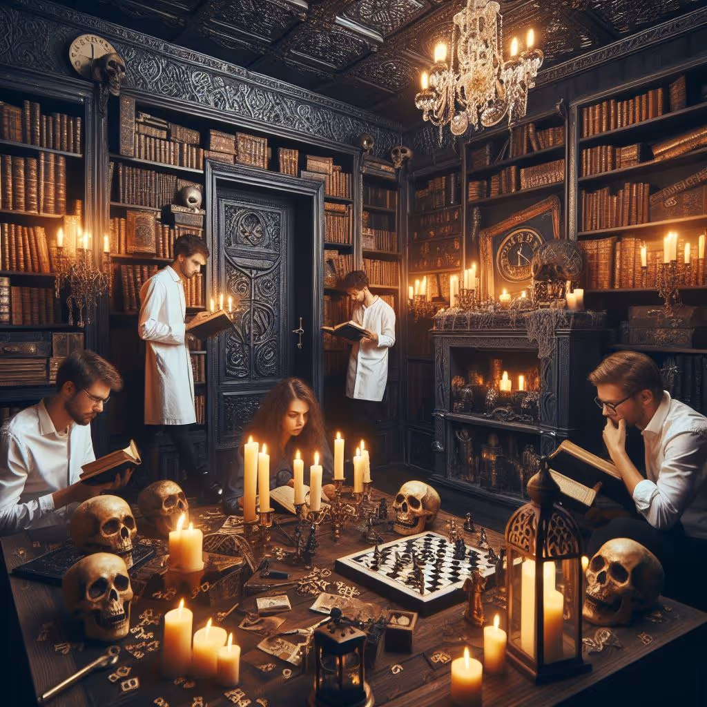 five people in a mysterious room, trying to decipher clues