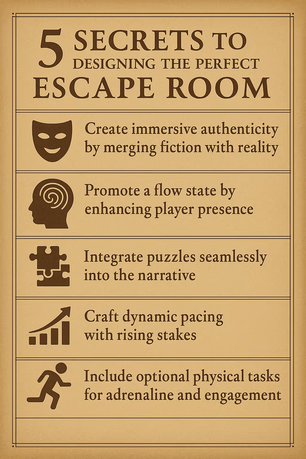 an infographic displaying 5 industry experts secrets to designing the perfect escape room
