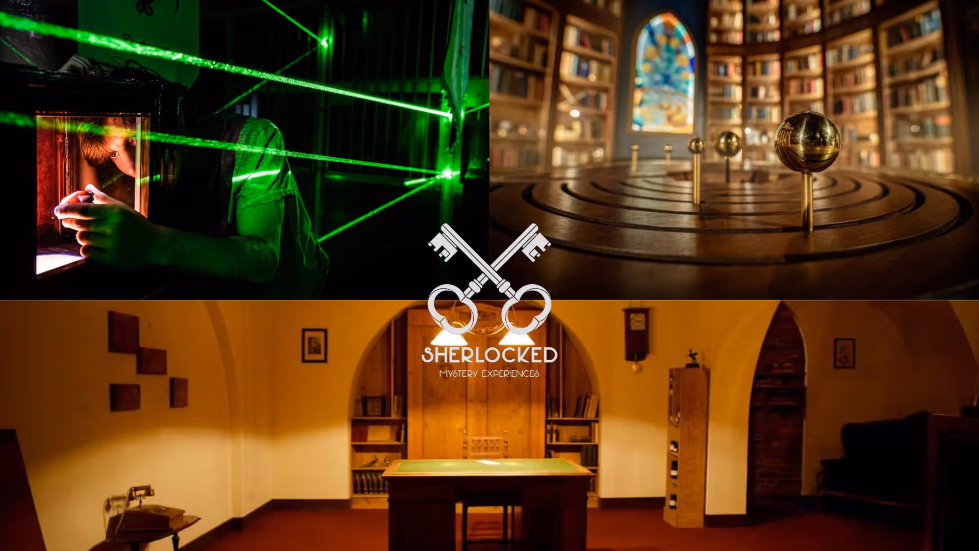 collage of three pictures with Sherlocked's escape rooms in amsterdam, Sherlocked logo in the centre, one picture depicting a person taking a crystal out of a box in a room full of lasers, one picture depicting a library full of books, and one picture depicting an office-like room with dim light