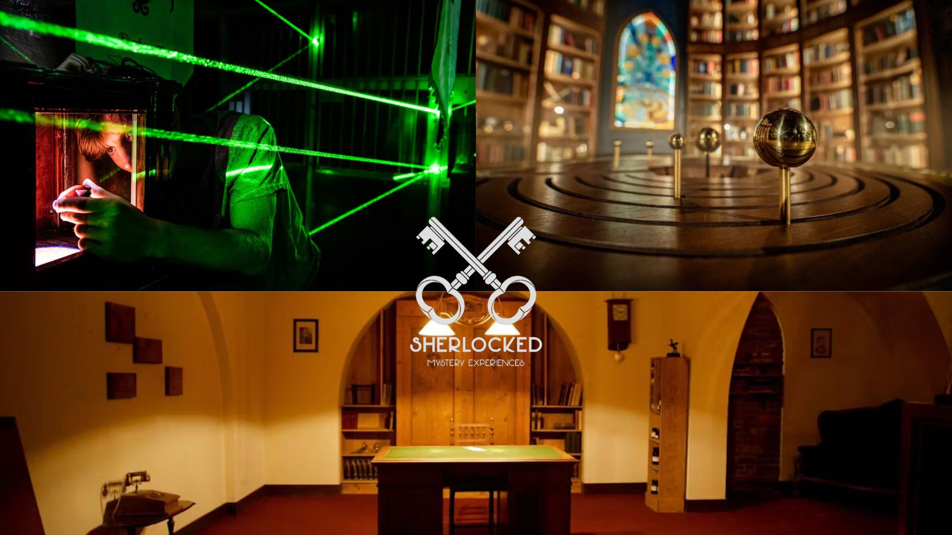 collage of three pictures with Sherlocked's escape rooms in amsterdam, Sherlocked logo in the centre, one picture depicting a person taking a crystal out of a box in a room full of lasers, one picture depicting a library full of books, and one picture depicting an office-like room with dim light
