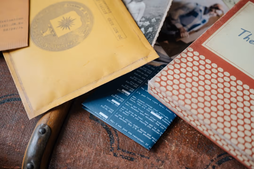 The Medusa Report game contents featuring a CIA dossier, evidence logs, and vintage ephemera