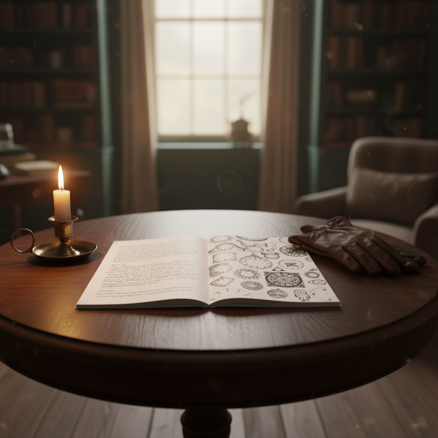 Vintage mystery clues including Mary's dream journal with clock illustrations and leather gloves on a library table