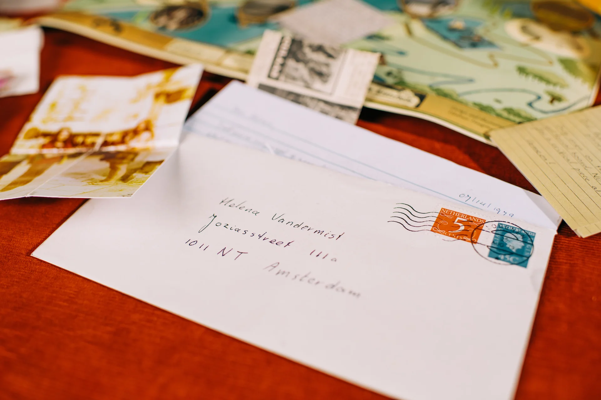 Vintage 1979 airmail envelope addressed to Helena Vandermist in Amsterdam, a key narrative clue from The Vandermist Dossier home mystery game
