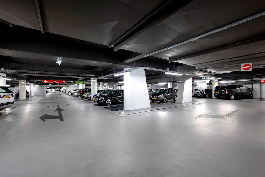 a parking garage full of cars
