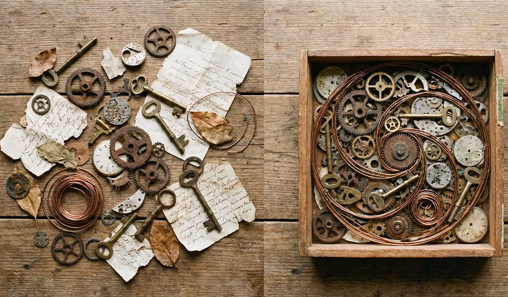A side-by-side comparison of loose vintage escape room props: rusty gears, brass keys, and old letters, scattered on a wooden table versus being perfectly organized and spiraled within a small wooden box.