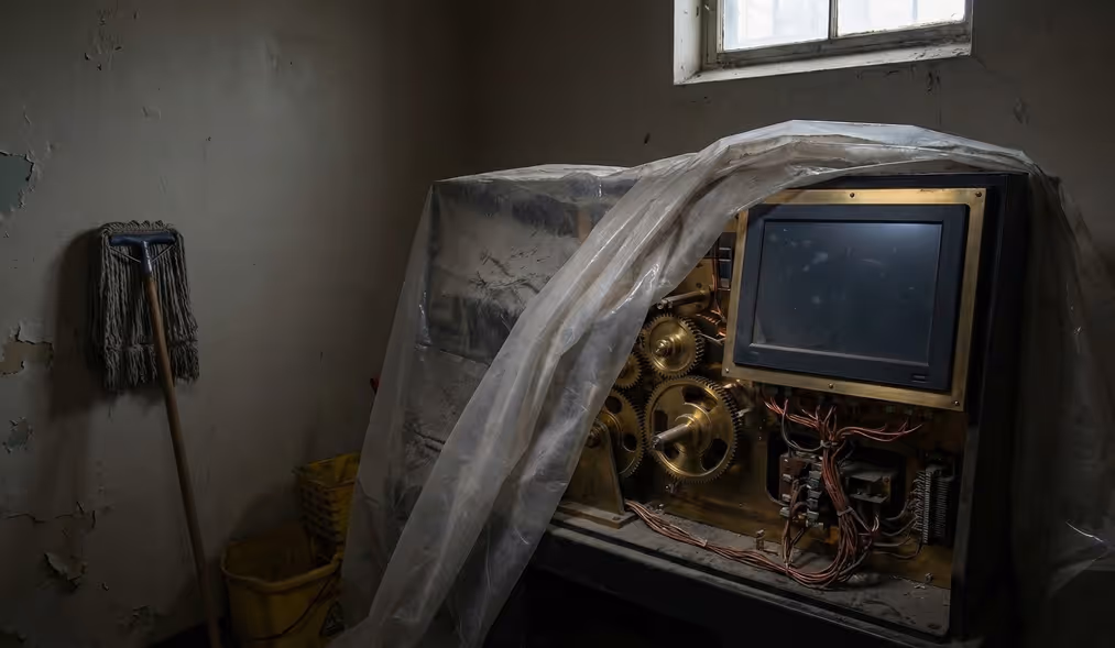 An expensive, high-tech escape room puzzle prototype featuring brass gears and a digital screen, now covered in dust and plastic sheeting in a storage room with a mop and bucket.