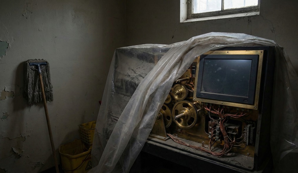 An expensive, high-tech escape room puzzle prototype featuring brass gears and a digital screen, now covered in dust and plastic sheeting in a storage room with a mop and bucket.