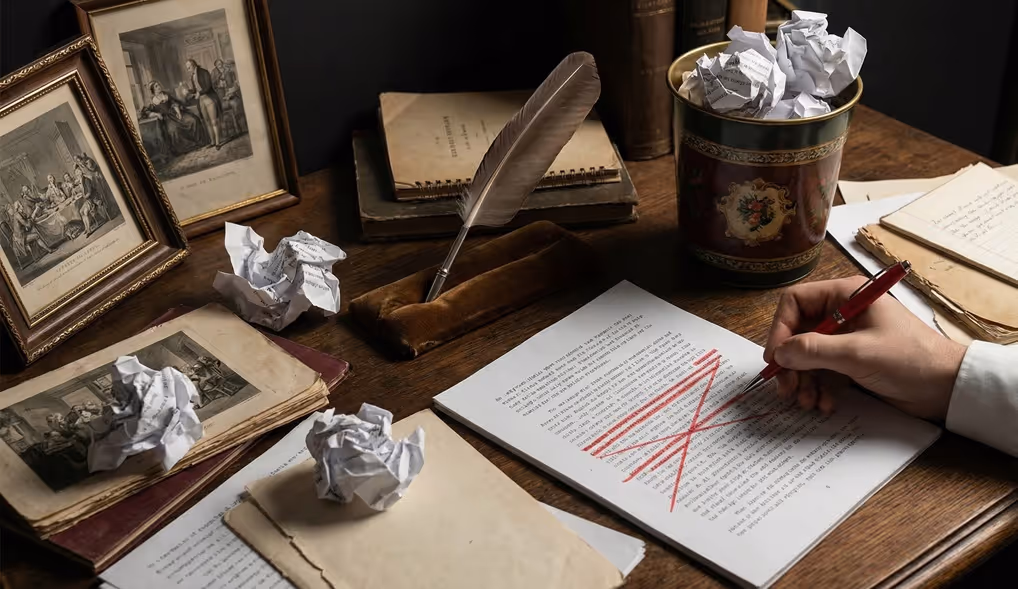 A designer’s hand crossing out text on a manuscript with a red pen, surrounded by crumpled paper, a quill, and vintage framed art, illustrating the editing process in escape room story design.