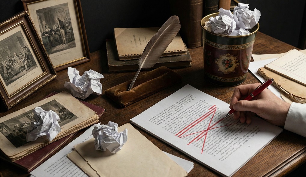 A designer’s hand crossing out text on a manuscript with a red pen, surrounded by crumpled paper, a quill, and vintage framed art, illustrating the editing process in escape room story design.