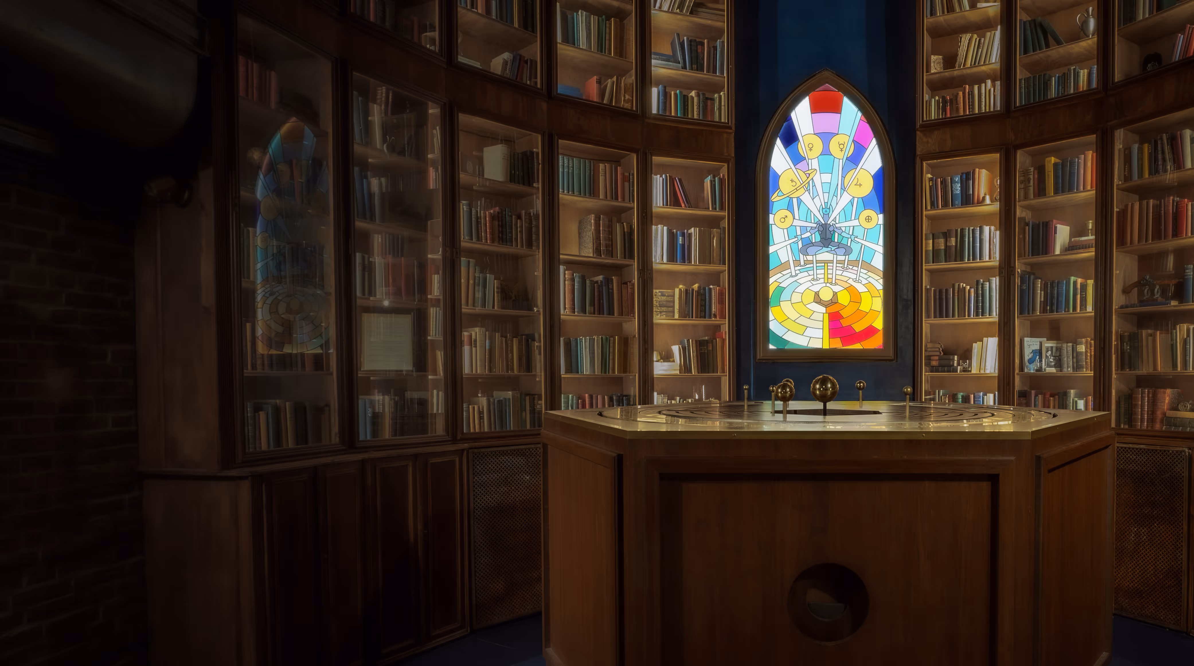 Cinematic view of The Alchemist library featuring a celestial stained-glass window and a central planetary orrery.
