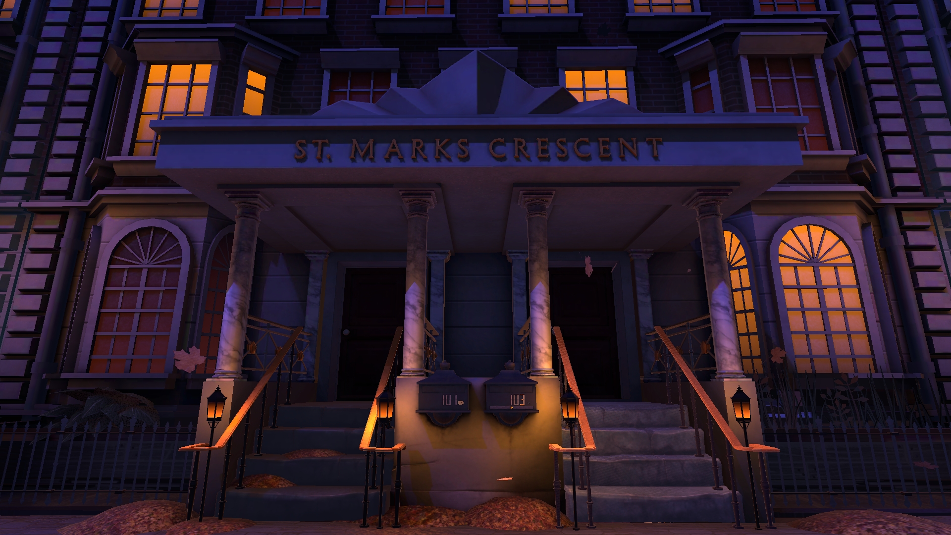 An exterior establishing shot from Ada's Study showing the entrance to St. Marks Crescent at night. The 3D-rendered scene features the dual entrances of units 101 and 103, illuminated by warm street lanterns and a bright orange glow from the windows that contrasts with the atmospheric purple twilight and fallen autumn leaves.