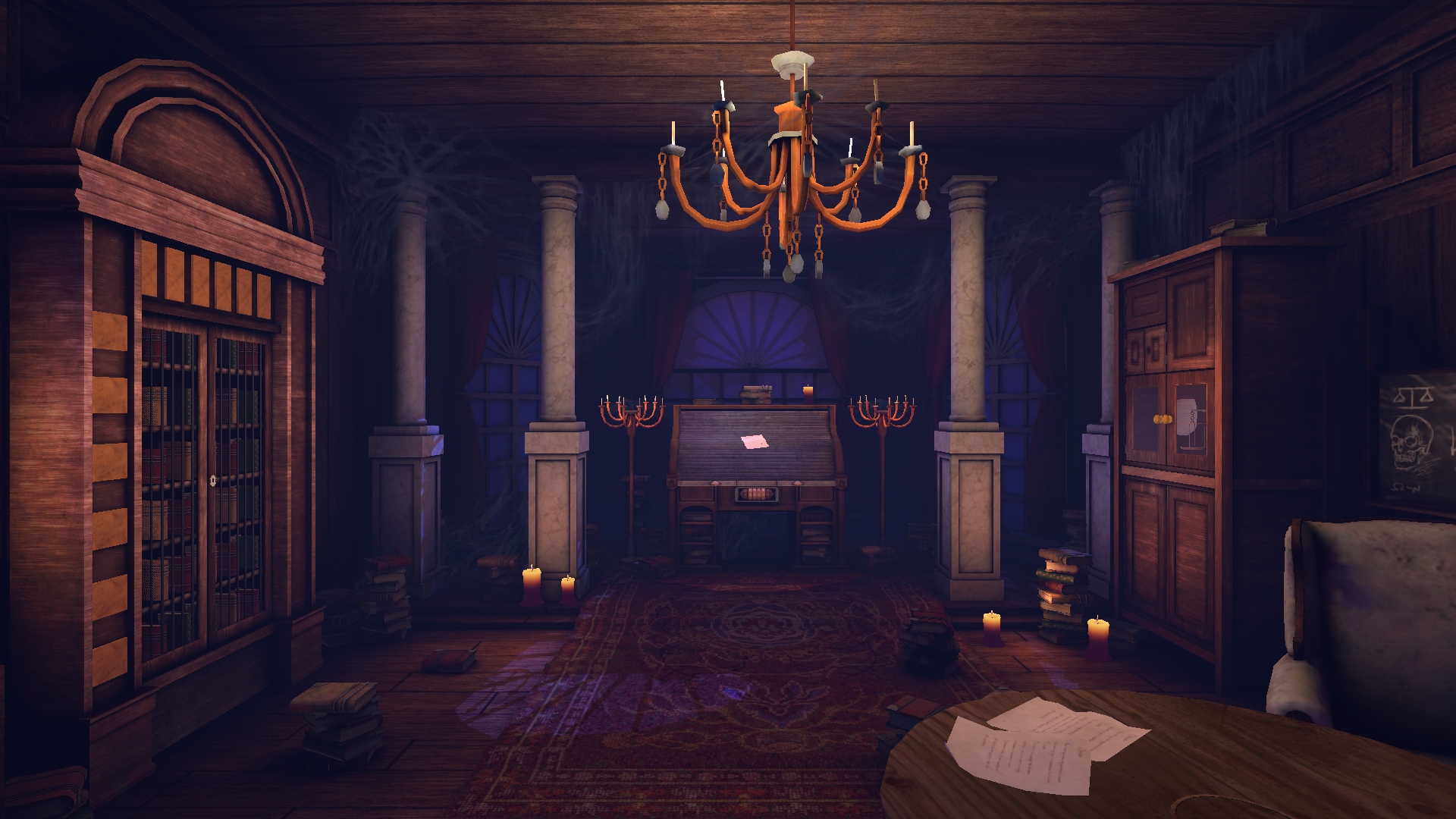 An interior view of Ada's Study, a dimly lit, Victorian-style room filled with stacks of books, cobwebs, and dark wood furniture. A central ornate chandelier hangs over a patterned rug, leading the eye toward a roll-top desk under a large arched window. The scene is illuminated by scattered candles and a cool purple light from the windows, creating a mysterious, scholarly atmosphere typical of a puzzle-adventure game environment.