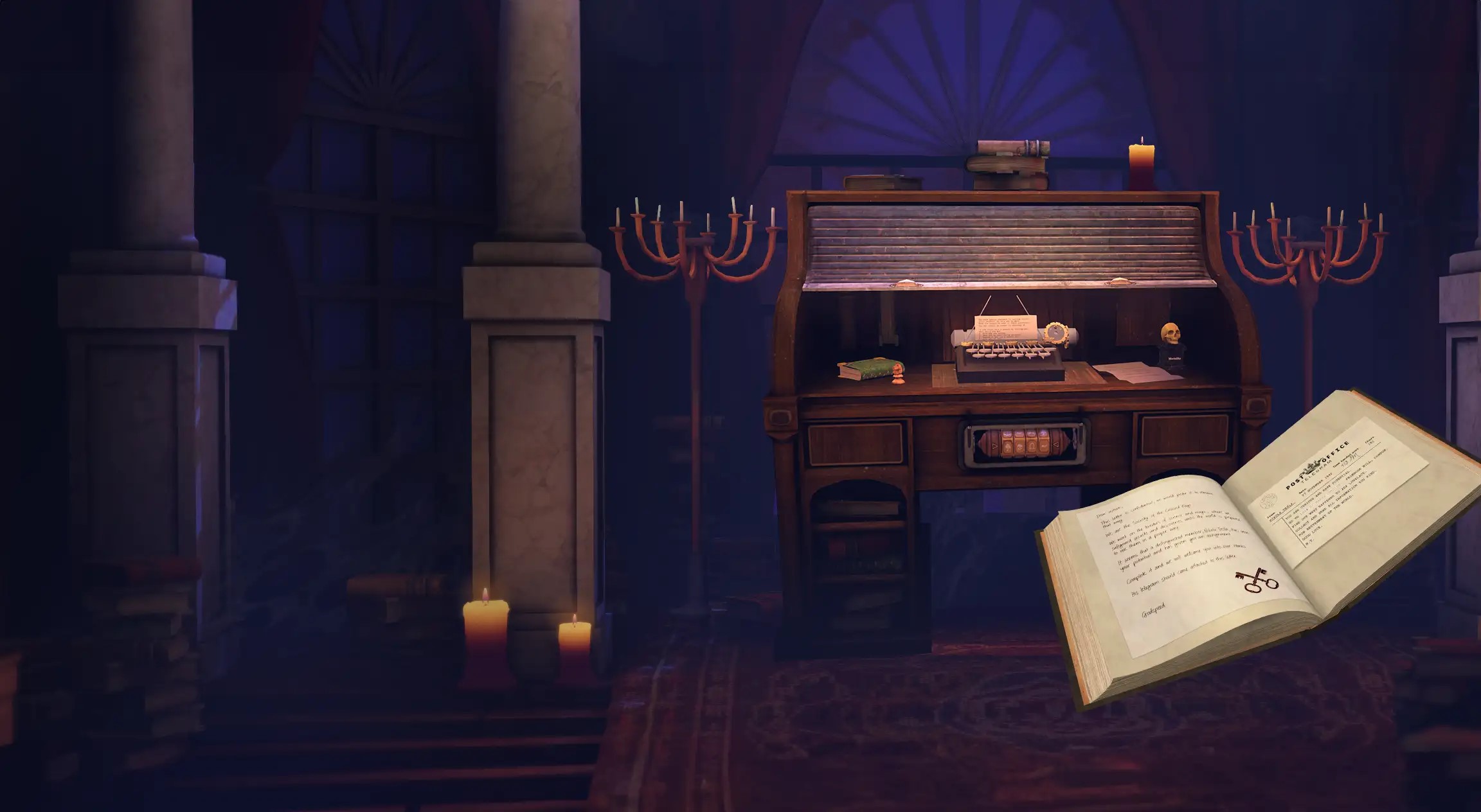A close-up gameplay view in Ada’s Study centered on an old roll-top desk containing a typewriter, a small skull, and a mechanical dial puzzle. An open quest log or journal is overlaid in the foreground, showing a letter with a key symbol and a telegram from the Post Office. The background is draped in shadows and thick cobwebs, with warm candlelight contrasting against the moonlight from the windows.