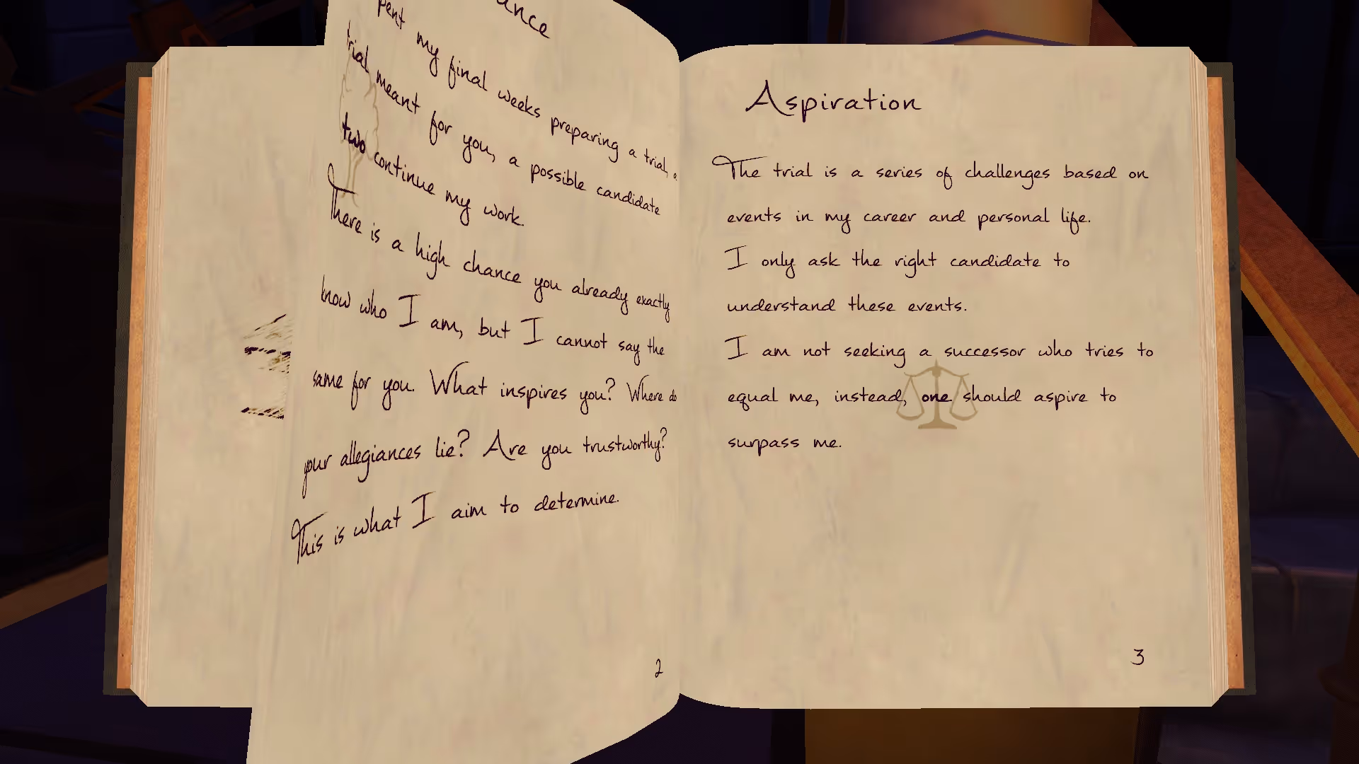 A close-up view of an open notebook in Ada's Study. The left page contains handwritten text about preparing a "trial" for a candidate to continue the author's work. The right page is titled "Aspiration" and explains that the trial challenges are based on the author's career and personal life, seeking a successor who aspires to "surpass" them. A faint gold scales-of-justice icon is visible in the center of the right page.