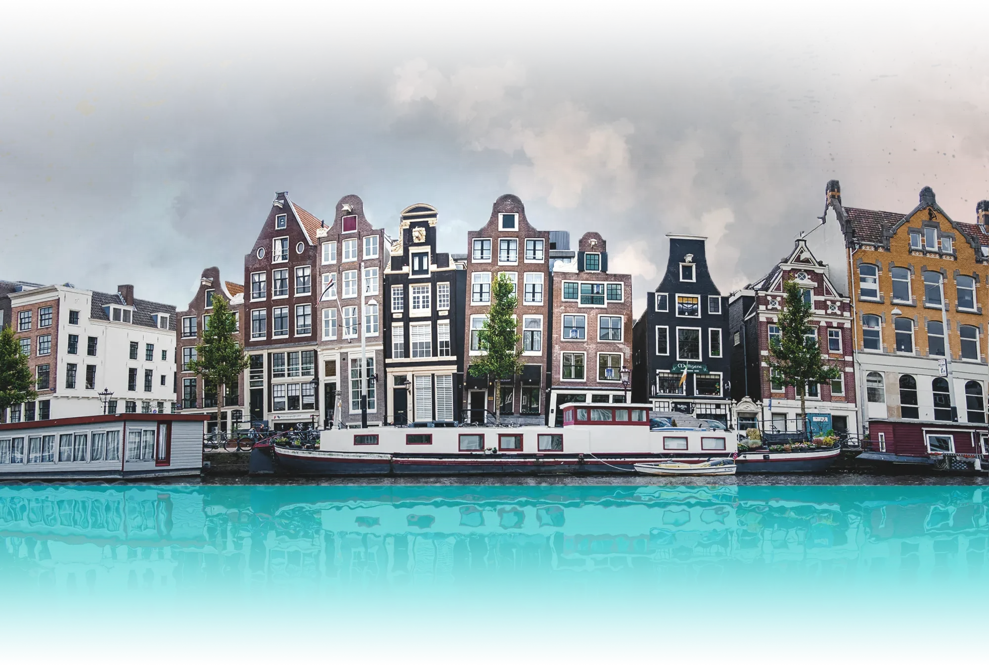 A scenic Amsterdam canal view reflecting the 'sinking city' mystery of the Atlantis Protocol outdoor escape game by Sherlocked.