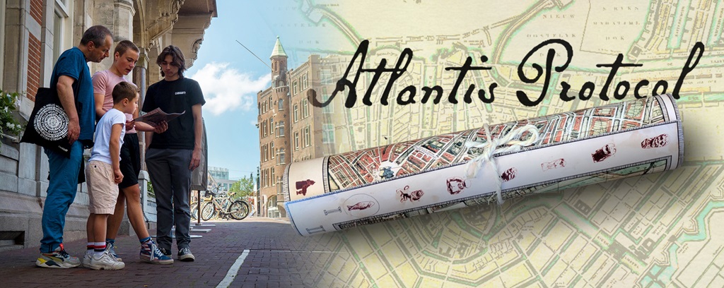 A banner for the Atlantis Protocol city game featuring players solving clues on the street next to a rolled vintage-style Amsterdam map and a secret society emblem.