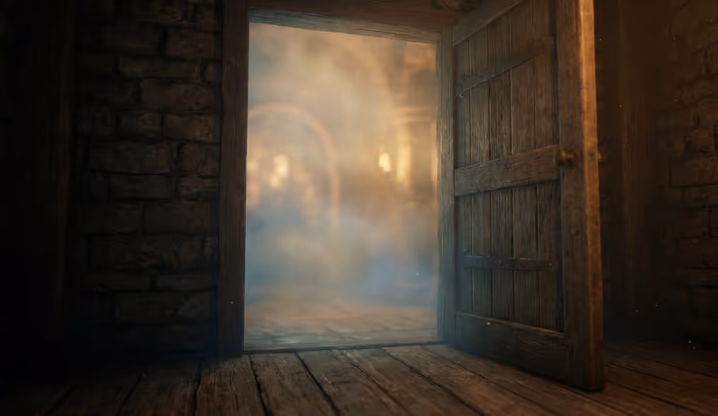 An open heavy wooden door leading from a dark stone room into a glowing, misty corridor with vaulted arches, illustrating the transition from traditional escape rooms to expansive immersive storytelling.
