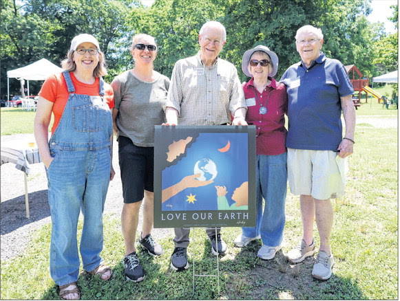From left, Newburyport City Councilor Sarah Hall, Waste Ambassador Nicki Girouard, artist Lance Hidy, Eco Ambassador Liz Walsh of the Newburyport Senior/Community Center and Art Currier of ACES. KEITH SULLIVAN/ Photos