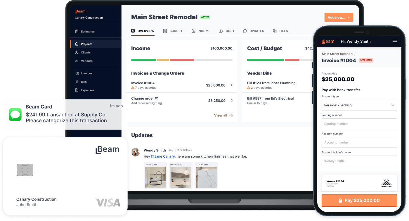 Main Street Remodel project updates tab showing team communication including invoice notifications, progress reports with foundation work photos, and task assignments between team members