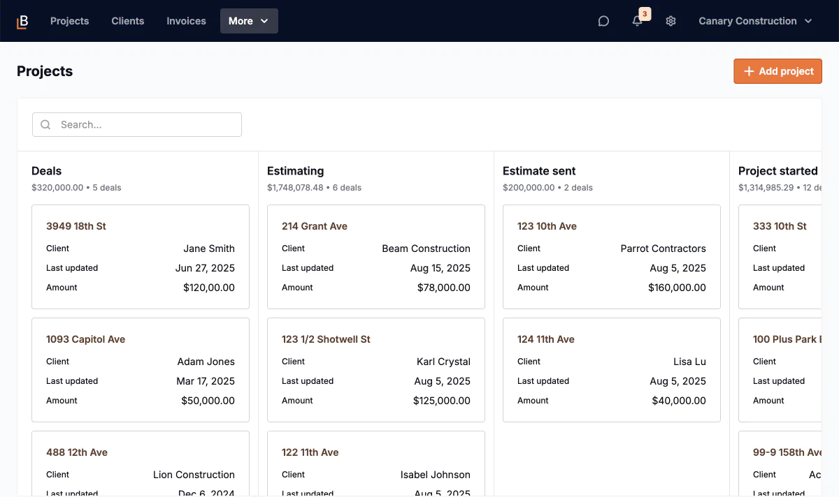 Main Street Remodel project updates tab showing team communication including invoice notifications, progress reports with foundation work photos, and task assignments between team members