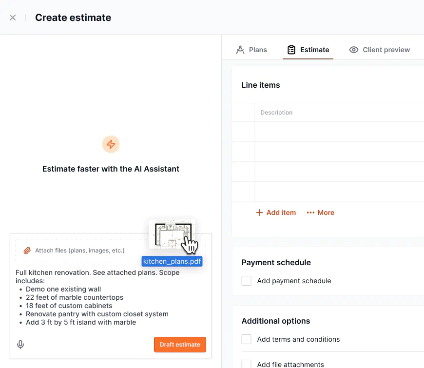 Construction estimating software interface showing 'Draft with AI' feature. Modal window displays scope of work for a full kitchen renovation including demolition, cabinetry installation, countertops, and plumbing fixtures.