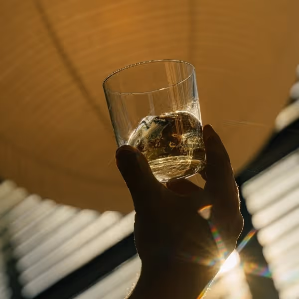 Hand holding a rocks glass with amber whiskey in warm sunlight, with window shadows and a subtle rainbow lens flare.