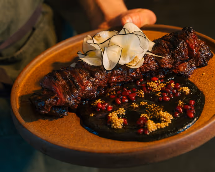 Grilled skirt steak with dark mole sauce, pomegranate seeds, pickled mustard seeds, and radish garnish on rustic ceramic