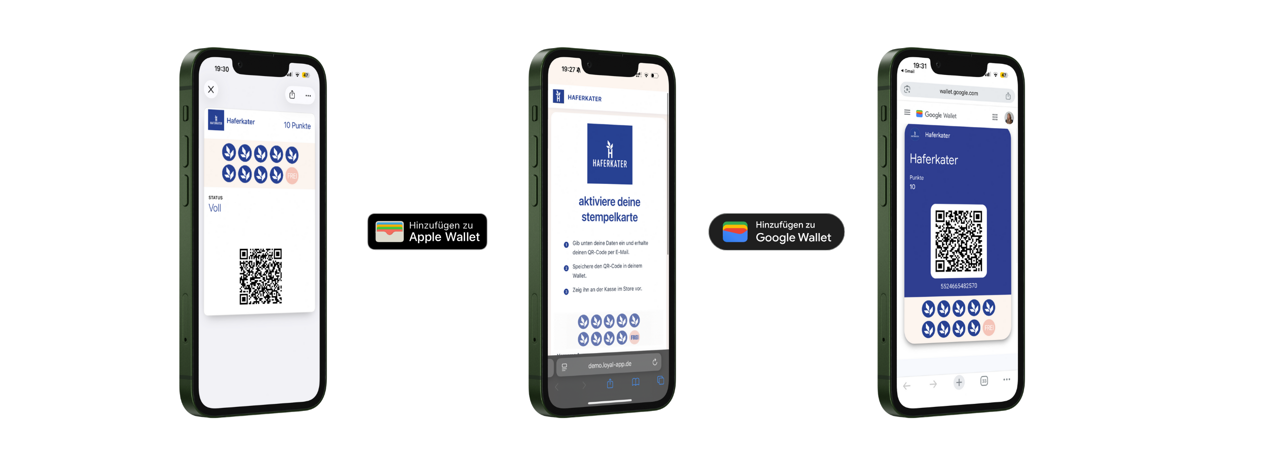 Screenshots von vielseitigen digitalen Lösungen, wie digitale Bonuskarte, Voucher, Coupons 
