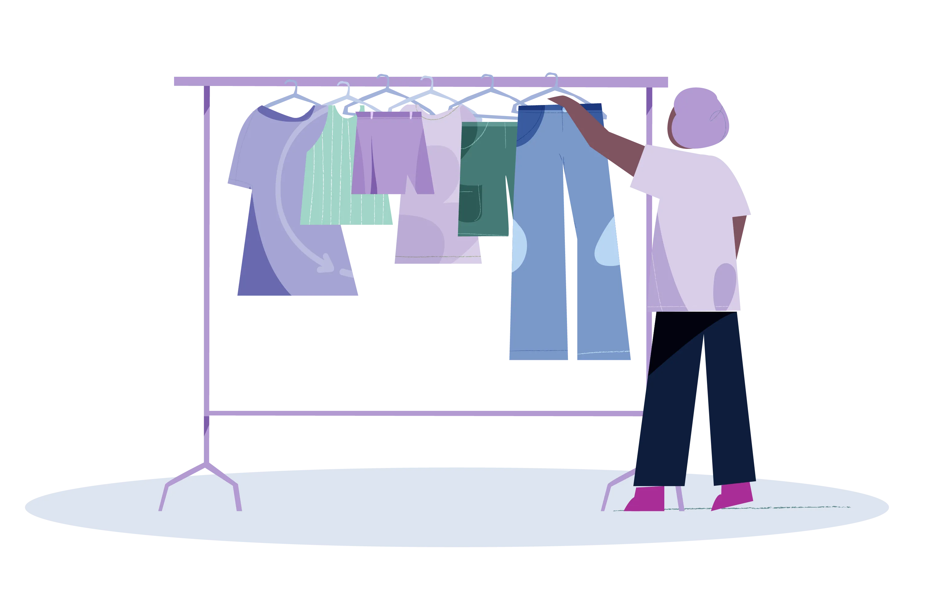 A student browsing a clothing rack.