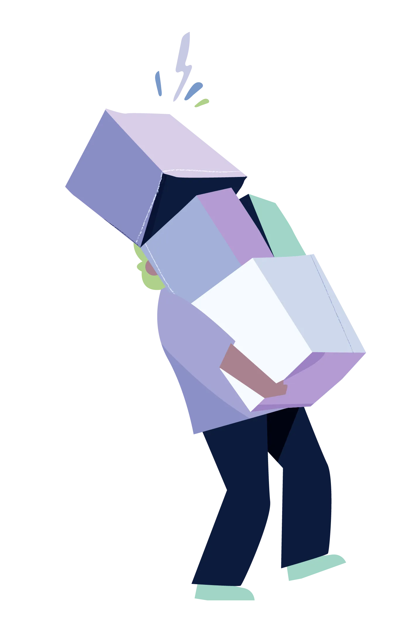 A student carrying a large stack of boxes.