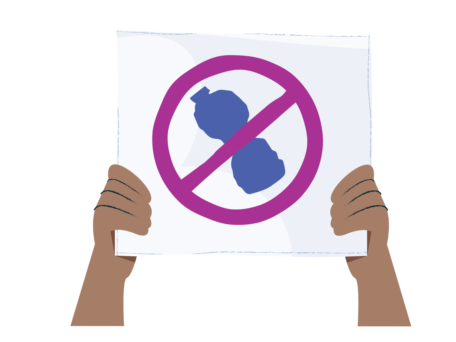 Hands holding up a sign that has a plastic bottle covered by a large X.