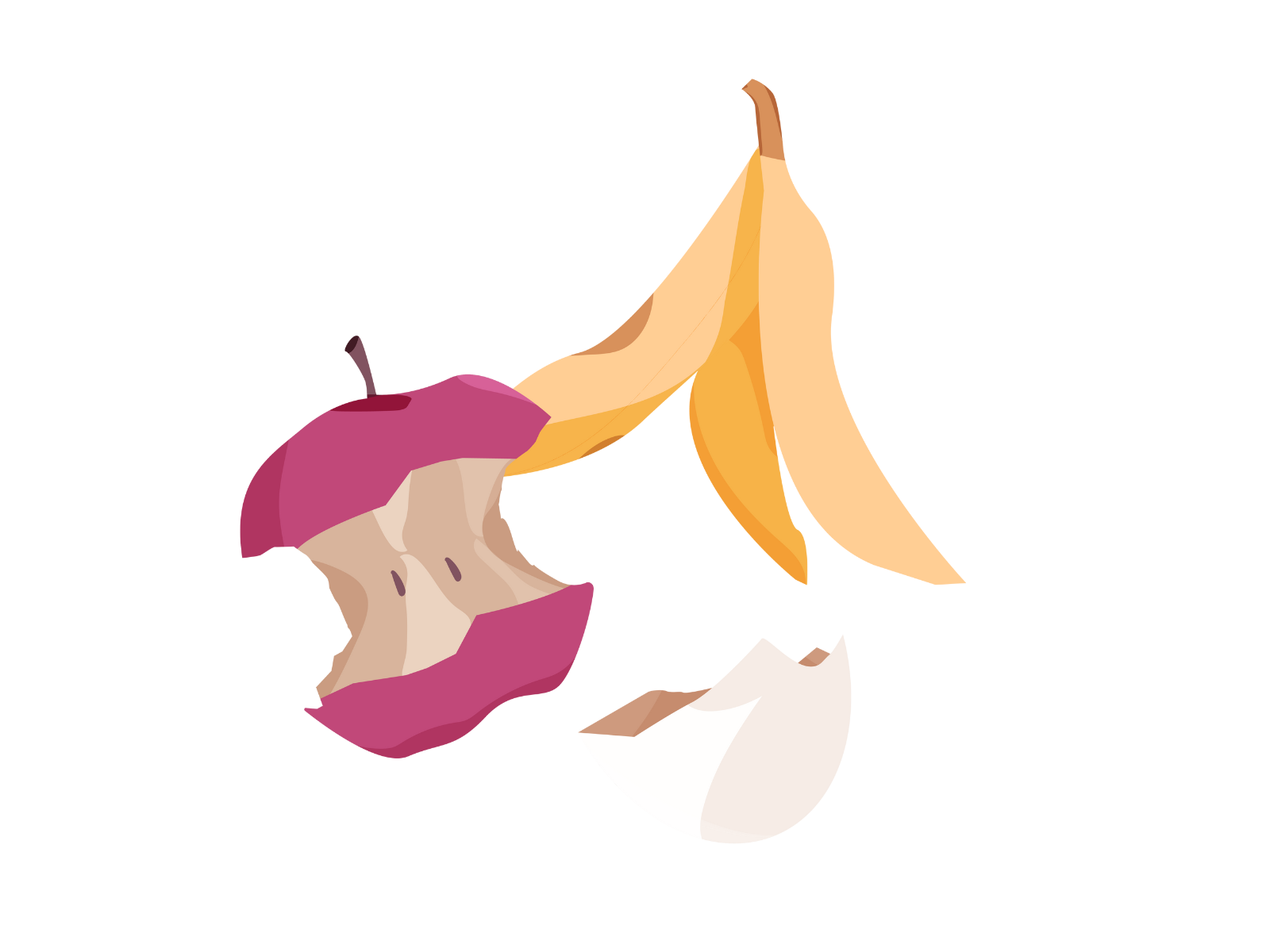 Pieces of food waste like an apple core and eggshell.
