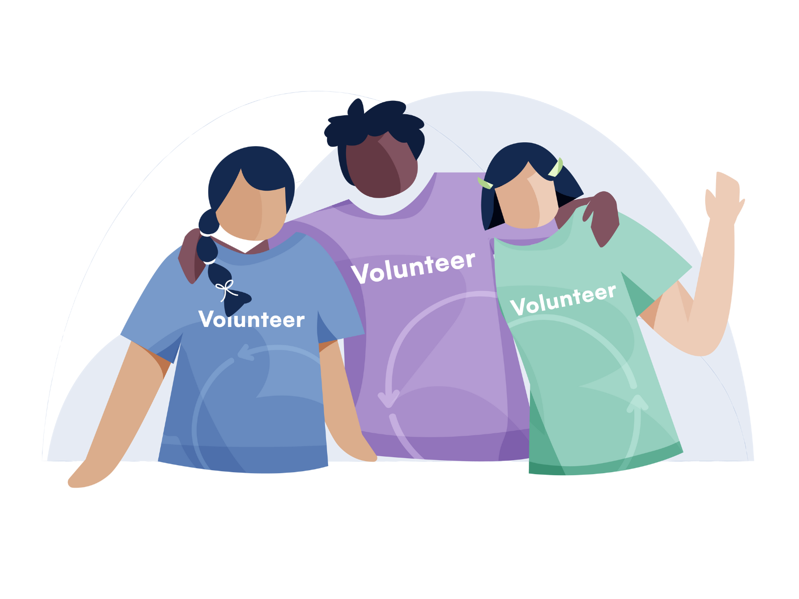 Three students with their arms around each other wearing volunteer shirts.