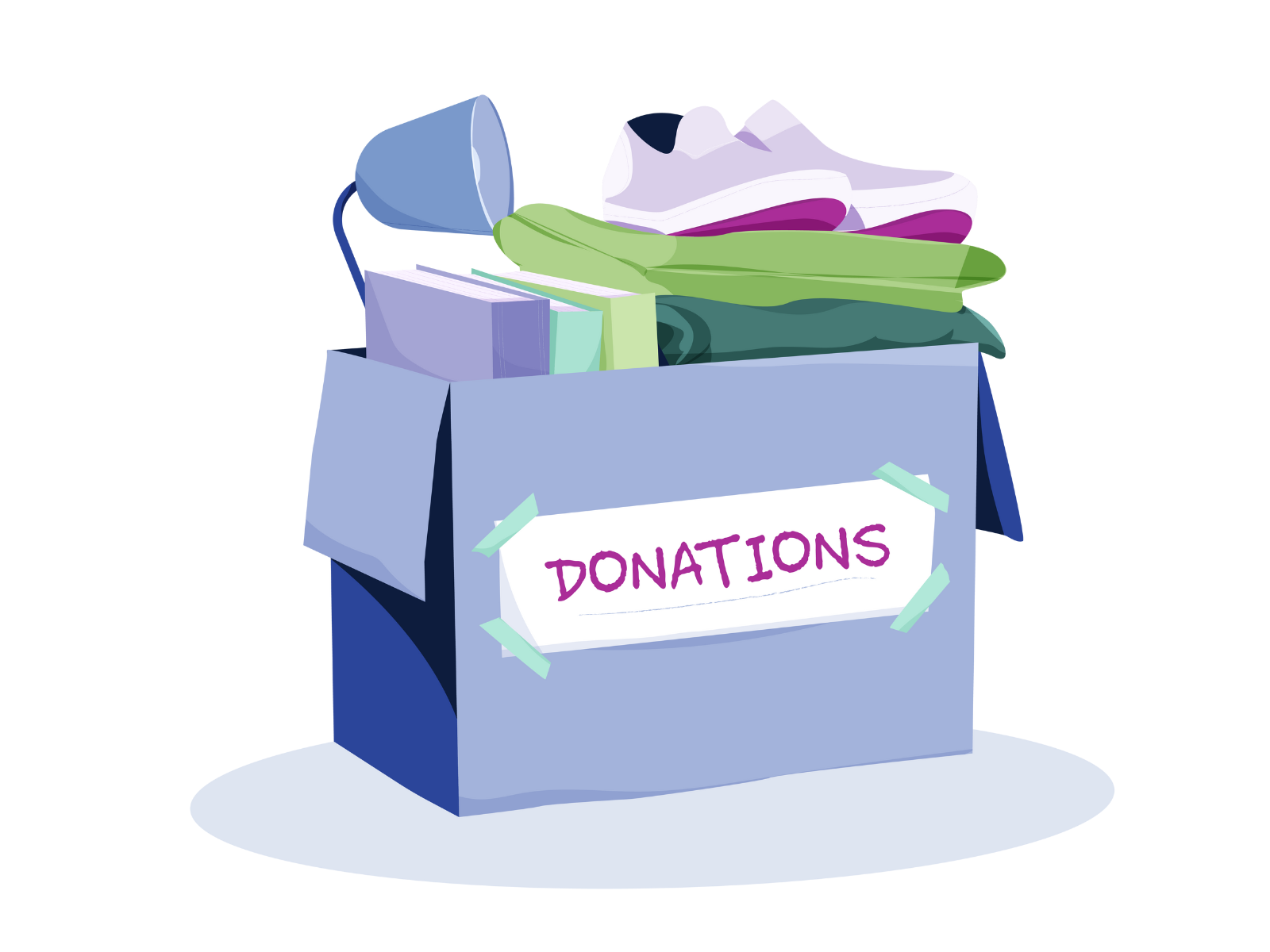 A box labeled donations filled with items.