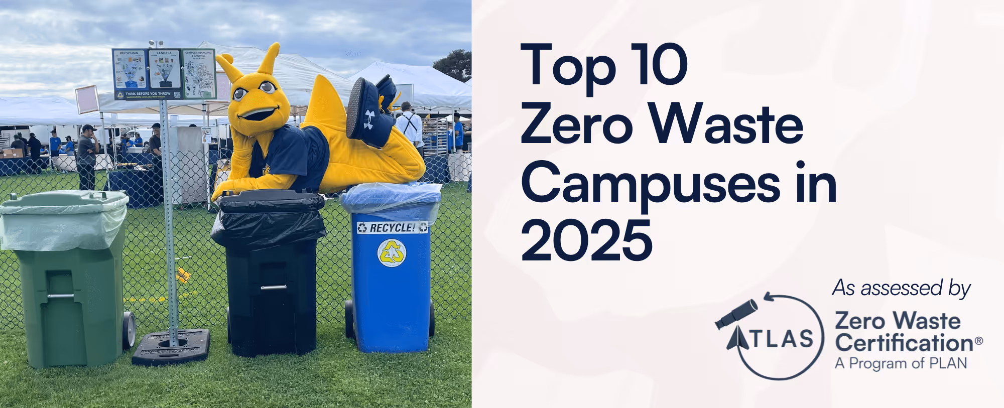 Banner reading "Top 10 Zero Waste Campuses in 2024, As assessed by Atlas Zero Waste Certification." A group of students from SUNY ESF are inside of a storage container with various items collected during move-out.