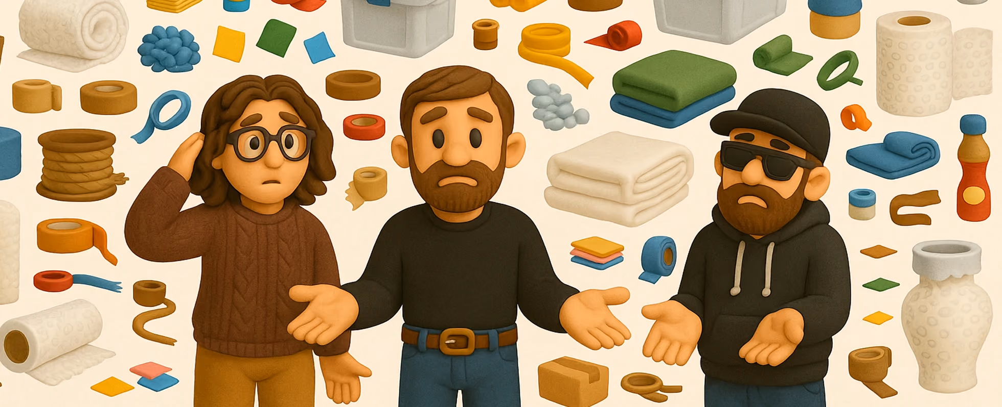 Three frustrated customers surrounded by packing materials, illustrating expert packing tips and cost-saving moving strategies.