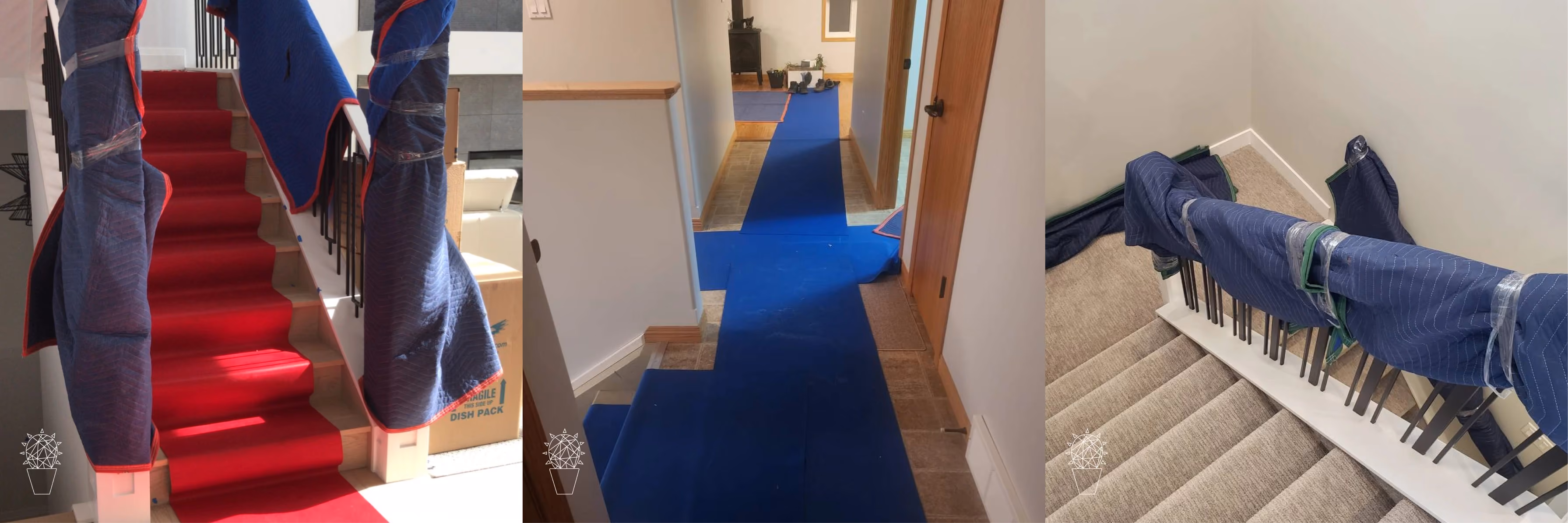 Wwrapping railings of staircases in moving blankets and protecting floors with floor runners