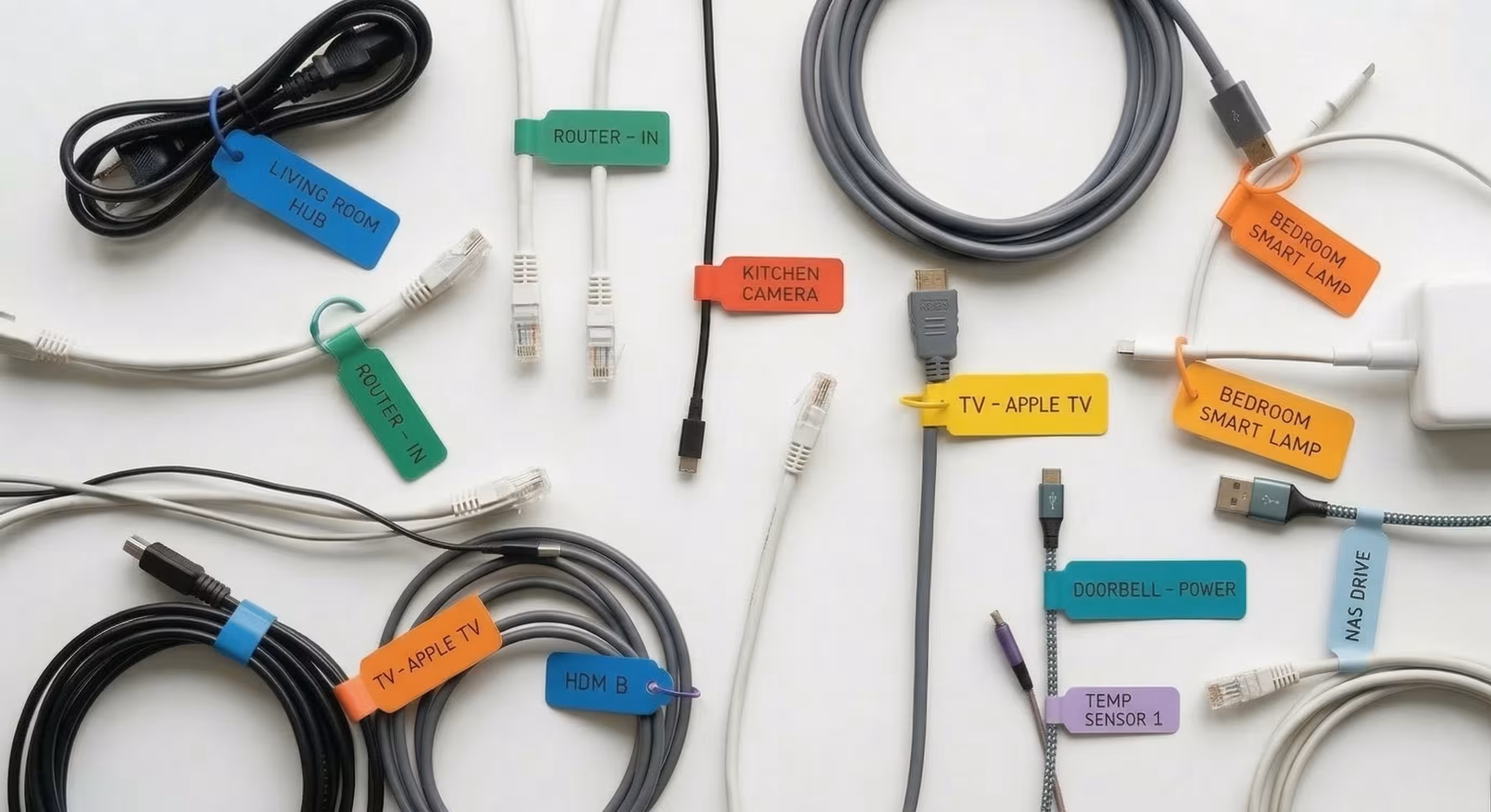 Cables from various devices with labeled tags