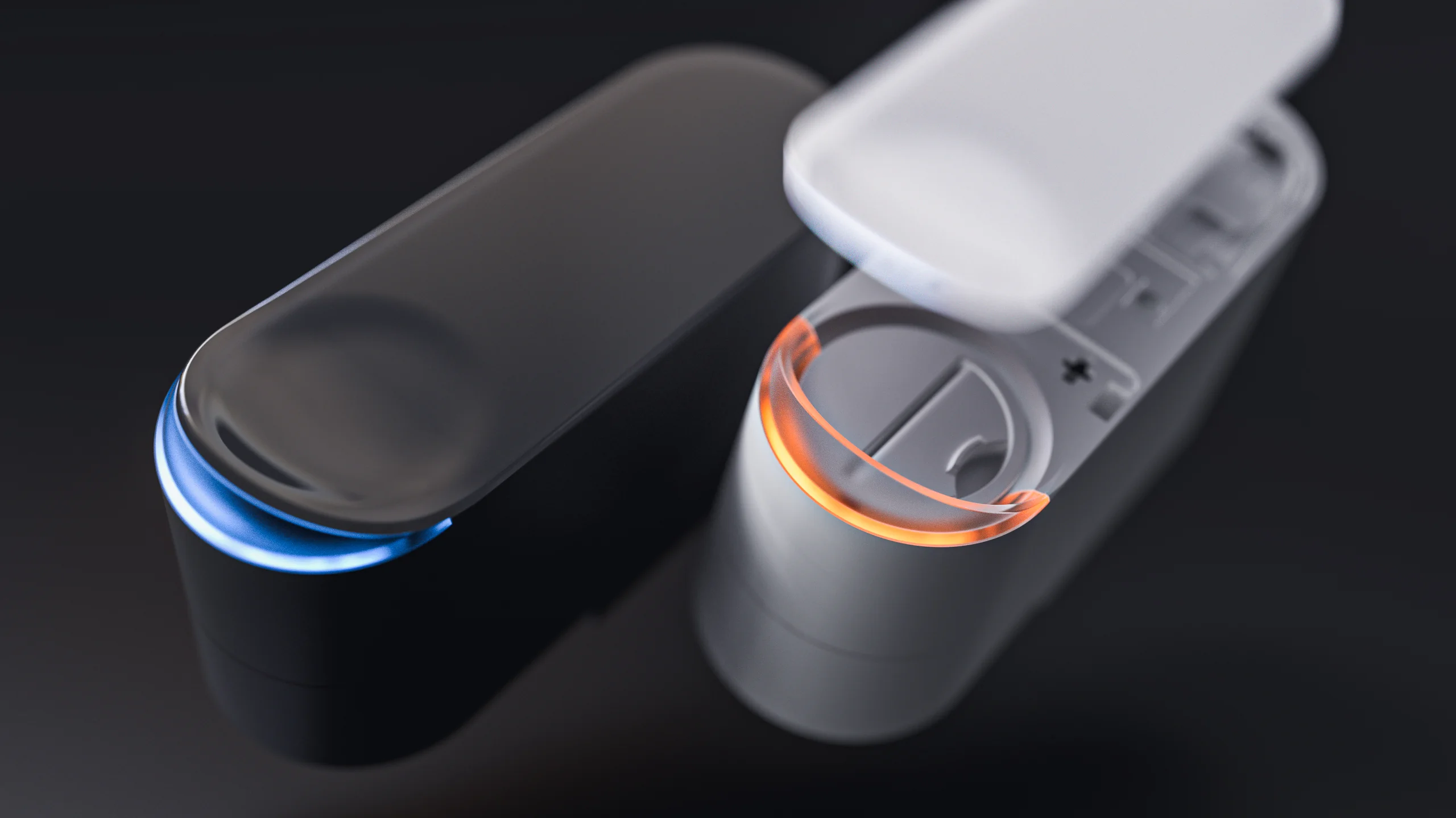 Render of the bitlock pro smart lock in black and white with glowing LEDs