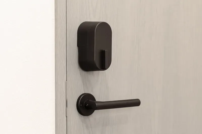 A black bitlock MINI attached to a beige wooden door