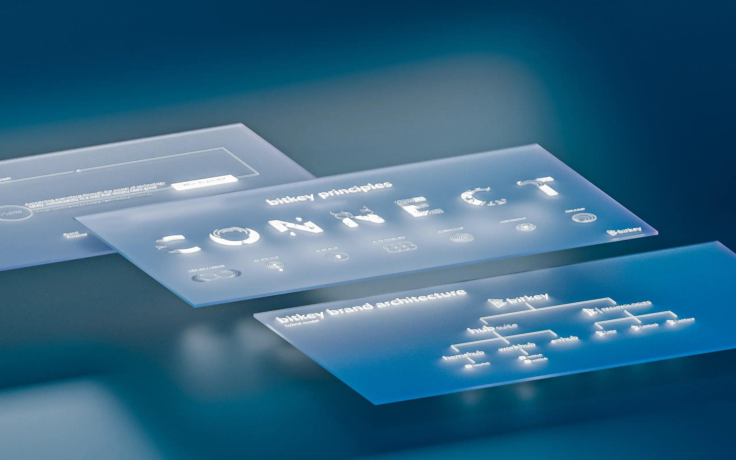 Slides of the bitkey brand presentation made out of glass floating in space